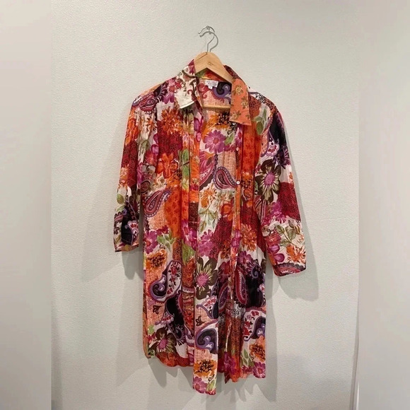Funky People 100% cotton sheer button down dress size L colorful floral - Picture 2 of 6